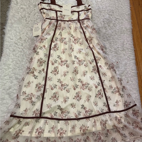 Bohme Cream with Print Floral Midi Dress  Tight Straps with Brown Trim - Picture 3 of 10